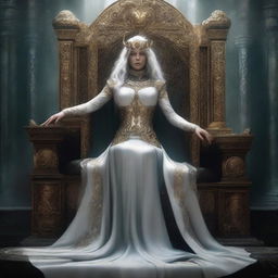 This is a high-quality digital art image, showing the female version of the Goddess of Death seated regally on Asgard's throne