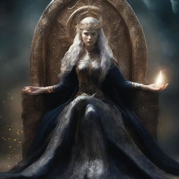 This is a high-quality digital art image, showing the female version of the Goddess of Death seated regally on Asgard's throne