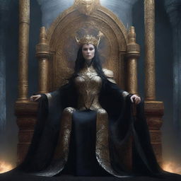 This is a high-quality digital art image, showing the female version of the Goddess of Death seated regally on Asgard's throne