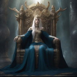 This is a high-quality digital art image, showing the female version of the Goddess of Death seated regally on Asgard's throne