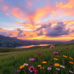 A beautifully composed image featuring a serene landscape with mountains in the background, soft rolling hills, and a tranquil lake reflecting the colors of a stunning sunset