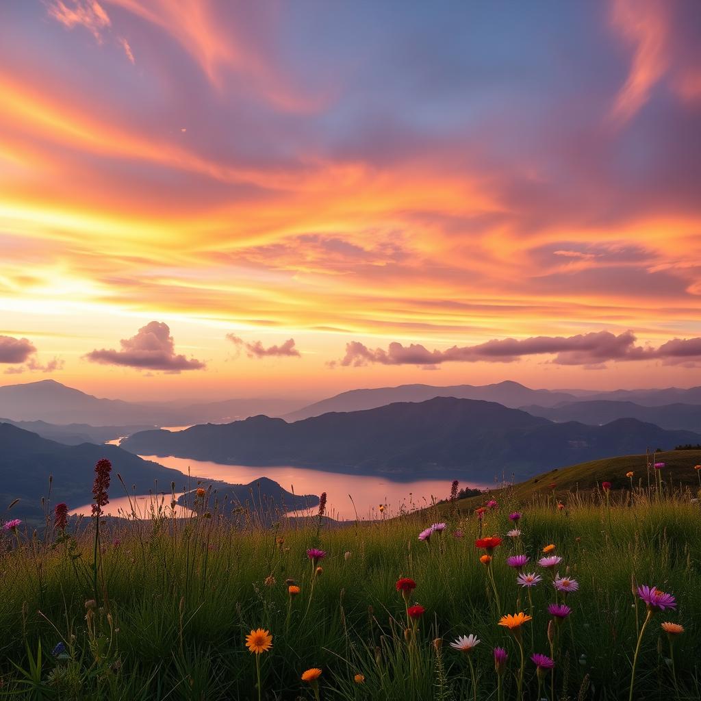 A beautifully composed image featuring a serene landscape with mountains in the background, soft rolling hills, and a tranquil lake reflecting the colors of a stunning sunset