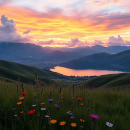 A beautifully composed image featuring a serene landscape with mountains in the background, soft rolling hills, and a tranquil lake reflecting the colors of a stunning sunset