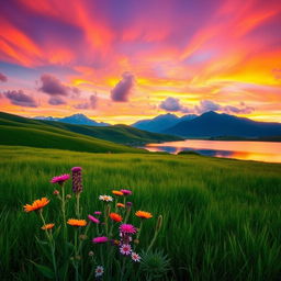 A beautifully composed image featuring a serene landscape with mountains in the background, soft rolling hills, and a tranquil lake reflecting the colors of a stunning sunset