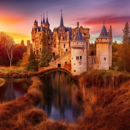 Extravagant medieval castle at sunrise, with a moat and draw bridge, nestled in a lush forest with trees soaked in gold and crimson light, the sky painted in hues of warm oranges and purples