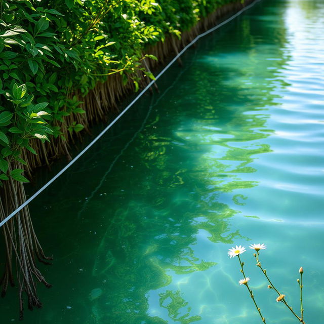 A vibrant scene of a canal with crystal clear water, lined with lush greenery on both sides