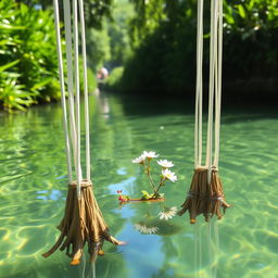 A vibrant scene of a canal with crystal clear water, lined with lush greenery on both sides