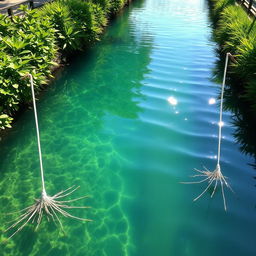 A vibrant scene of a canal with crystal clear water, lined with lush greenery on both sides