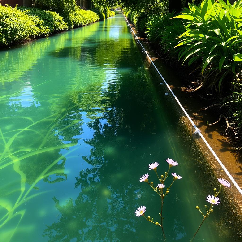 A vibrant scene of a canal with crystal clear water, lined with lush greenery on both sides