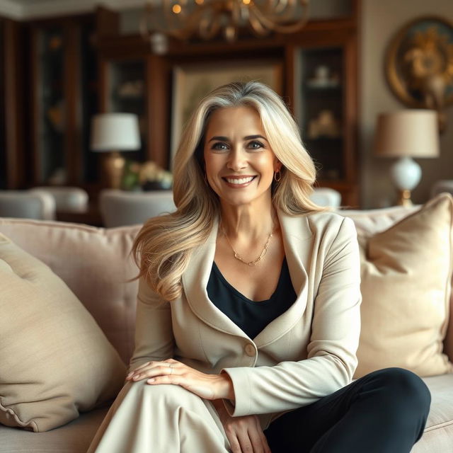 A beautiful and attractive mature woman with a confident smile, dressed in stylish clothing, sitting gracefully on a plush couch in a cozy living room