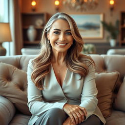 A beautiful and attractive mature woman with a confident smile, dressed in stylish clothing, sitting gracefully on a plush couch in a cozy living room