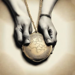 A high-quality digital art image illustrating two distinct hands, one delicate and the other rugged, both reaching for a golden locket