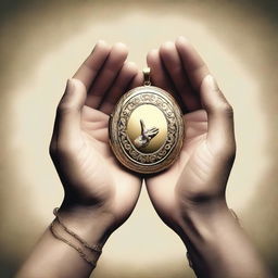 A high-quality digital art image illustrating two distinct hands, one delicate and the other rugged, both reaching for a golden locket