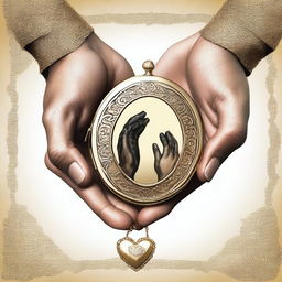 A high-quality digital art image illustrating two distinct hands, one delicate and the other rugged, both reaching for a golden locket