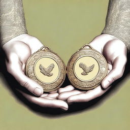 A high-quality digital art image illustrating two distinct hands, one delicate and the other rugged, both reaching for a golden locket