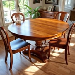A beautifully crafted oval wooden dining table, featuring a flat top with a polished finish