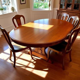 A beautifully crafted oval wooden dining table, featuring a flat top with a polished finish