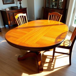 A beautifully crafted oval wooden dining table, featuring a flat top with a polished finish