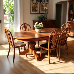 A beautifully crafted oval wooden dining table, featuring a flat top with a polished finish