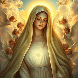 A stunningly detailed portrayal of the mystical figure of Our Lady Maria Fatina, surrounded by celestial angels