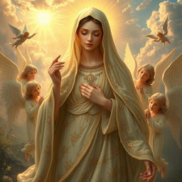 A stunningly detailed portrayal of the mystical figure of Our Lady Maria Fatina, surrounded by celestial angels