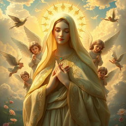 A stunningly detailed portrayal of the mystical figure of Our Lady Maria Fatina, surrounded by celestial angels