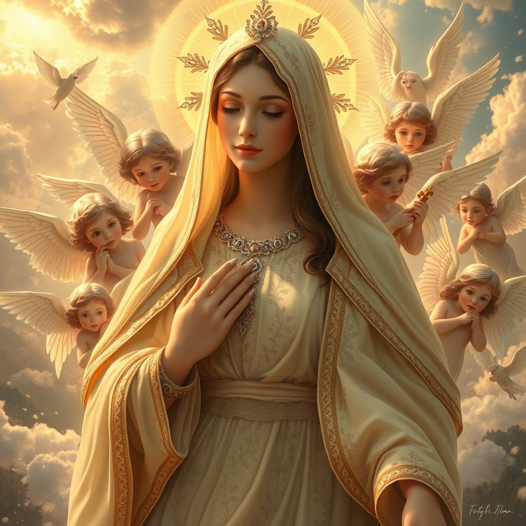 A stunningly detailed portrayal of the mystical figure of Our Lady Maria Fatina, surrounded by celestial angels