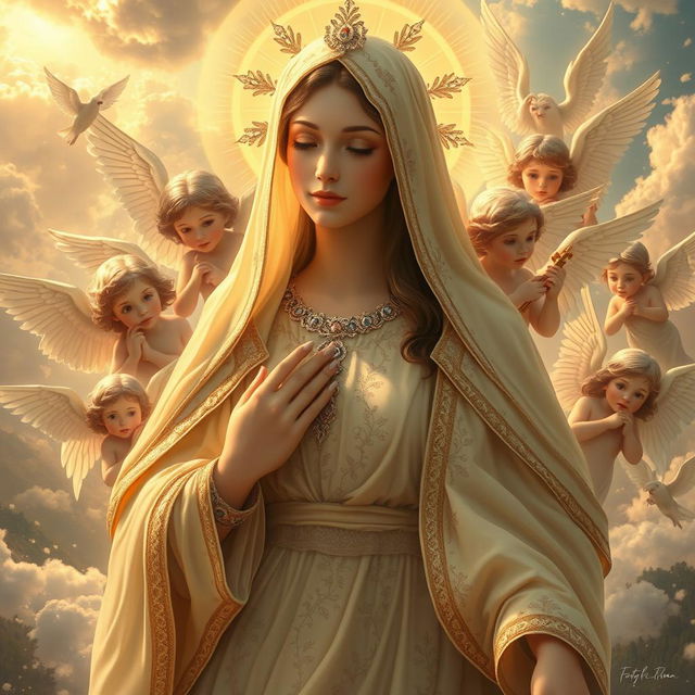 A stunningly detailed portrayal of the mystical figure of Our Lady Maria Fatina, surrounded by celestial angels