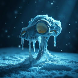 A striking and surreal composition featuring an icy human bone, intricately detailed with frost and icicles, set against a moody, ethereal background