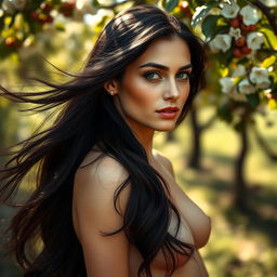 A scenic, artistic nude portrait of a tall, statuesque woman with flowing dark hair, gracefully posed in a natural setting, surrounded by soft sunlight filtering through the leaves of an orchard