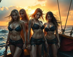 A photorealistic, high quality image featuring three athletic pirate girls, extremely sexy, with visible abdominal muscles and battle scars