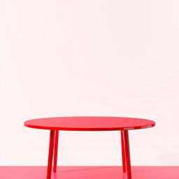 A vibrant red table with a smooth, glossy surface, placed in a minimalist setting