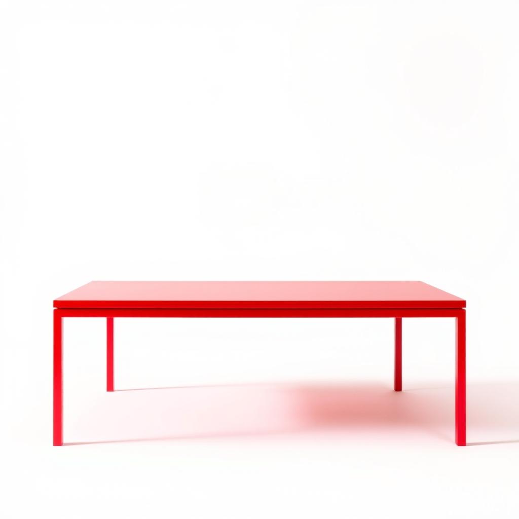 A vibrant red table with a smooth, glossy surface, placed in a minimalist setting