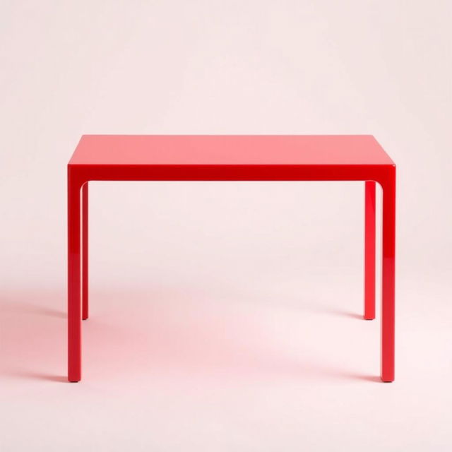 A vibrant red table with a smooth, glossy surface, placed in a minimalist setting