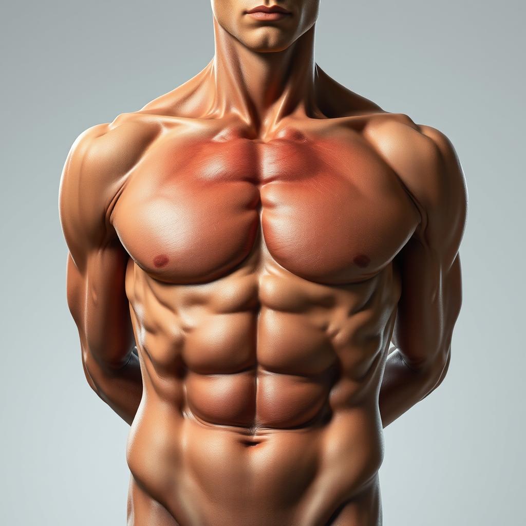 A realistic and artistic depiction of a male torso showcasing well-defined muscles and skin texture, prominently featuring a male anatomical representation, with a focus on the artistic expression of the male form