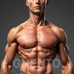A realistic and artistic depiction of a male torso showcasing well-defined muscles and skin texture, prominently featuring a male anatomical representation, with a focus on the artistic expression of the male form