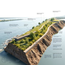 A detailed civil engineering poster showcasing a scenic riverbank design