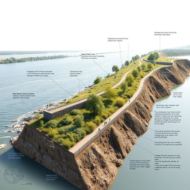 A detailed civil engineering poster showcasing a scenic riverbank design