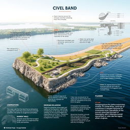 A detailed civil engineering poster showcasing a scenic riverbank design
