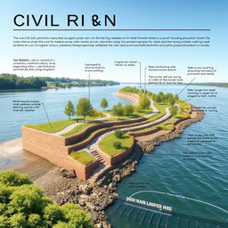A detailed civil engineering poster showcasing a scenic riverbank design