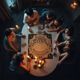 A top-down view of an oval dining table presided over by two adults and four young women