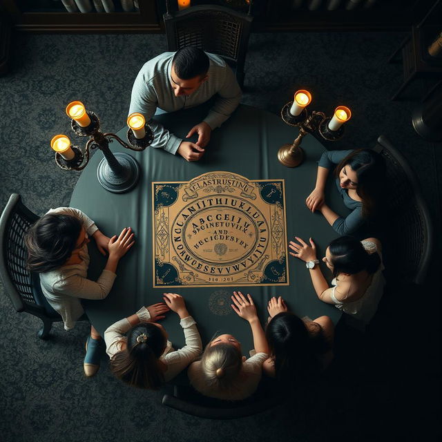 A top-down view of an oval dining table presided over by two adults and four young women