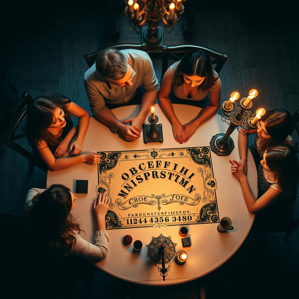 A top-down view of an oval dining table presided over by two adults and four young women