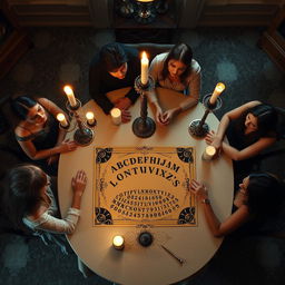 A top-down view of an oval dining table presided over by two adults and four young women