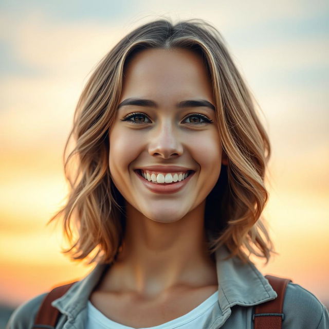 A vibrant and engaging portrait of a confident individual smiling warmly, featuring a beautiful background of soft pastel colors, possibly a sunrise or sunset