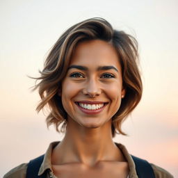 A vibrant and engaging portrait of a confident individual smiling warmly, featuring a beautiful background of soft pastel colors, possibly a sunrise or sunset