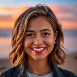 A vibrant and engaging portrait of a confident individual smiling warmly, featuring a beautiful background of soft pastel colors, possibly a sunrise or sunset