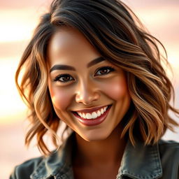 A vibrant and engaging portrait of a confident individual smiling warmly, featuring a beautiful background of soft pastel colors, possibly a sunrise or sunset