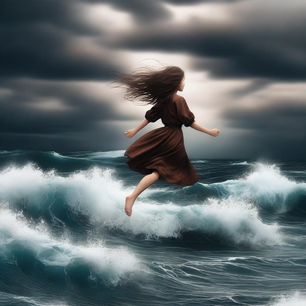 This digital art image of the highest quality showcases a girl with brown hair, seemingly floating in the air above a raging, stormy ocean