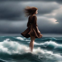 This digital art image of the highest quality showcases a girl with brown hair, seemingly floating in the air above a raging, stormy ocean